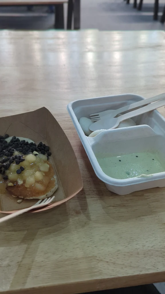 Mini idli with coconut chutney and pancakes with pineapples syrup and chocolate chips